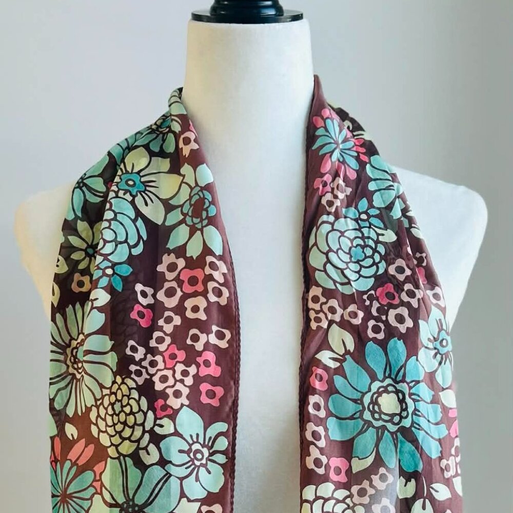 Charter Club Brown & Teal Floral Semi-Sheer Pure Silk Oblong Scarf - 12x54